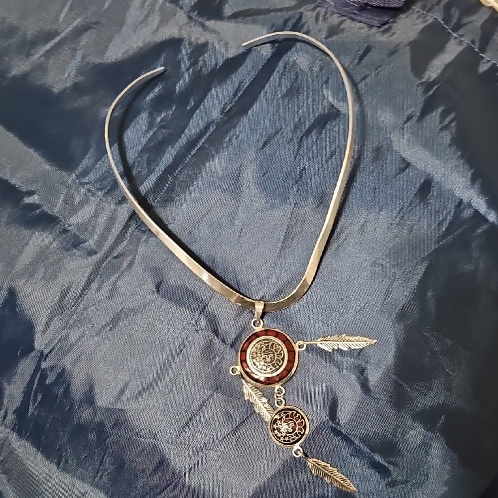 MEXICAN 925 Silver Necklace with Brown Aztecs Accents